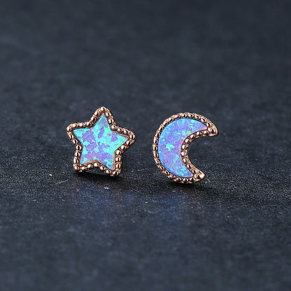 Women's Asymmetrical Star‑Moon Blue / White Opal Stud Earrings, with White Gold Plating / Rose Gold Plating