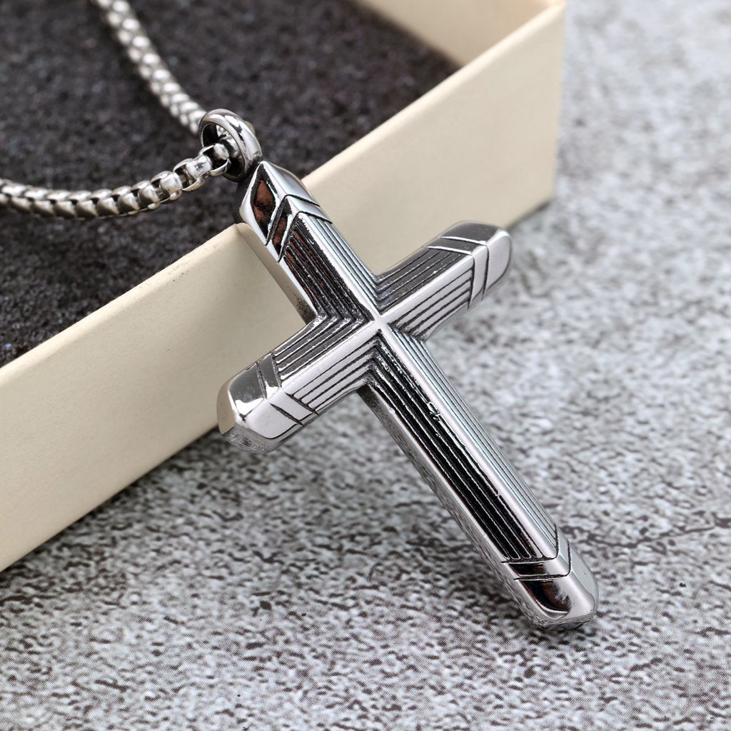 Vintage Stainless Steel Cross Striped Pendant Necklace for Men