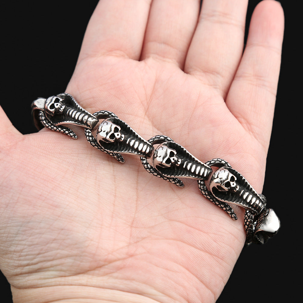 Fashion Skull Snake Stainless Steel Men Bracelet, Personality Serpent Wrist Cuff Bangle for Men