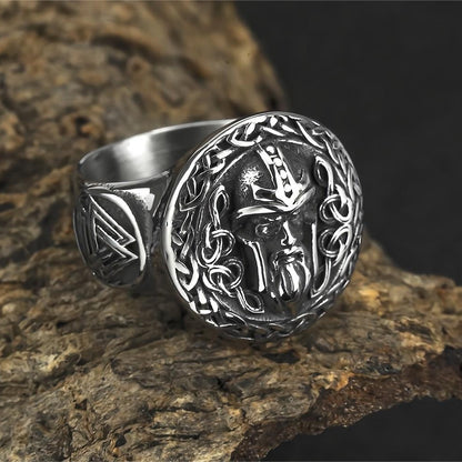 Vintage Solid Stainless Steel Norse Viking Odin Head Valknut Triangle Round Signet Ring for Men