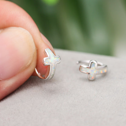 Women's Cross Opal C‑Shape Huggie Hoop Earrings, with White Gold Plating