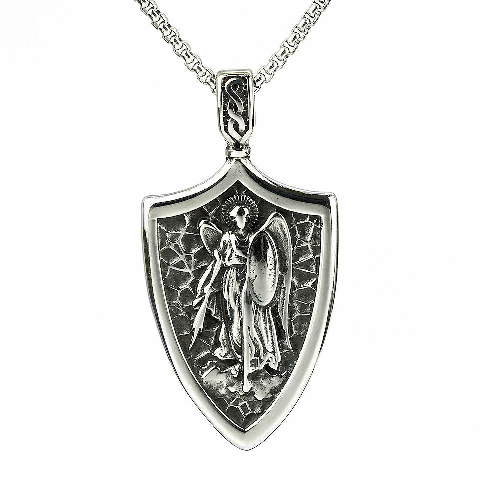 Vintage Stainless Steel Men's Shield St. Michael Angel Pendant Necklace