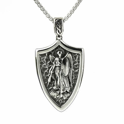Vintage Stainless Steel Men's Shield St. Michael Angel Pendant Necklace