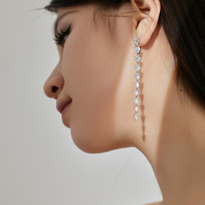 Women's Long Tassel Drop Earrings, Graduated Pear‑Shape Zirconia, S925 with White Gold Plating