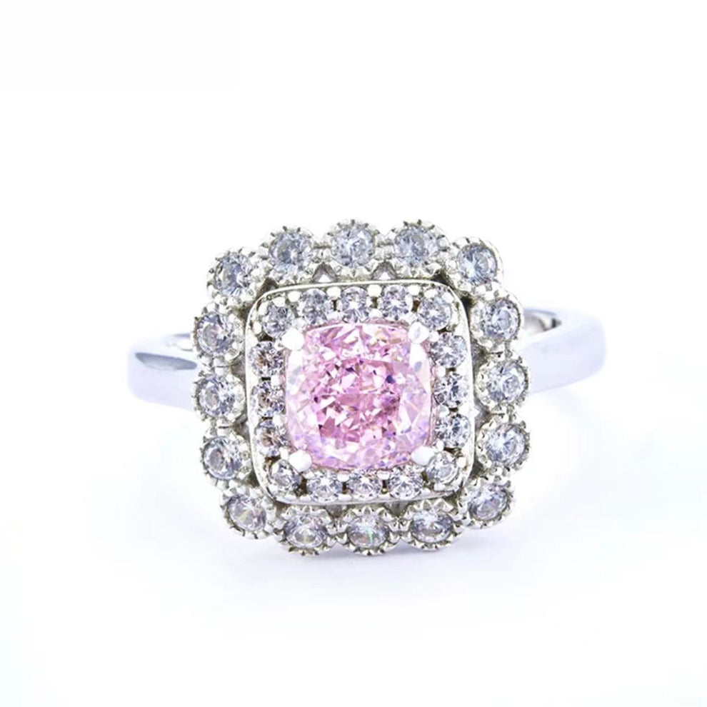 Women's White Gold Cushion Shape Layered Stones Pink Gem Halo Adjustable  Ring