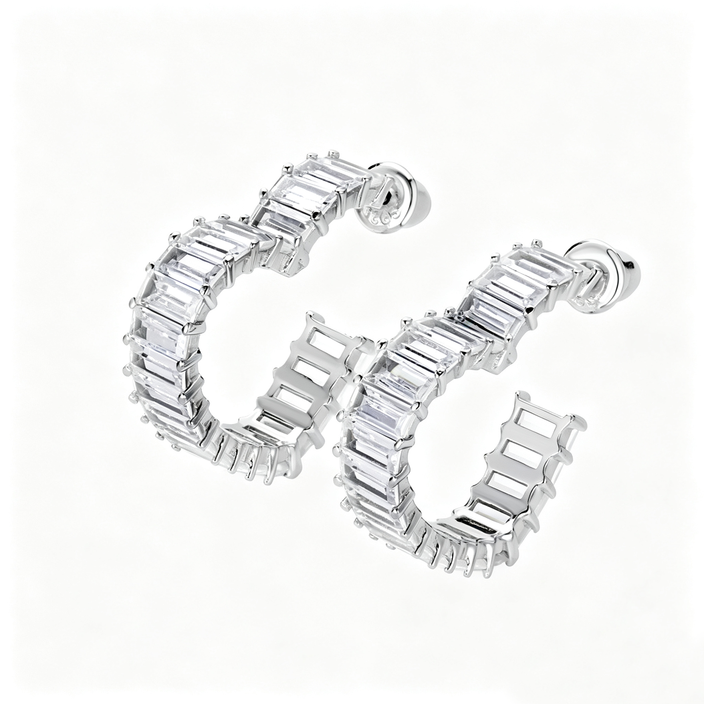Women's Heart Hollow Huggie Earrings, Full Paved Rectangular Zirconia Inlaid, Premium Style, S925 with White Gold Plating