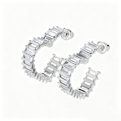 Women's Heart Hollow Huggie Earrings, Full Paved Rectangular Zirconia Inlaid, Premium Style, S925 with White Gold Plating