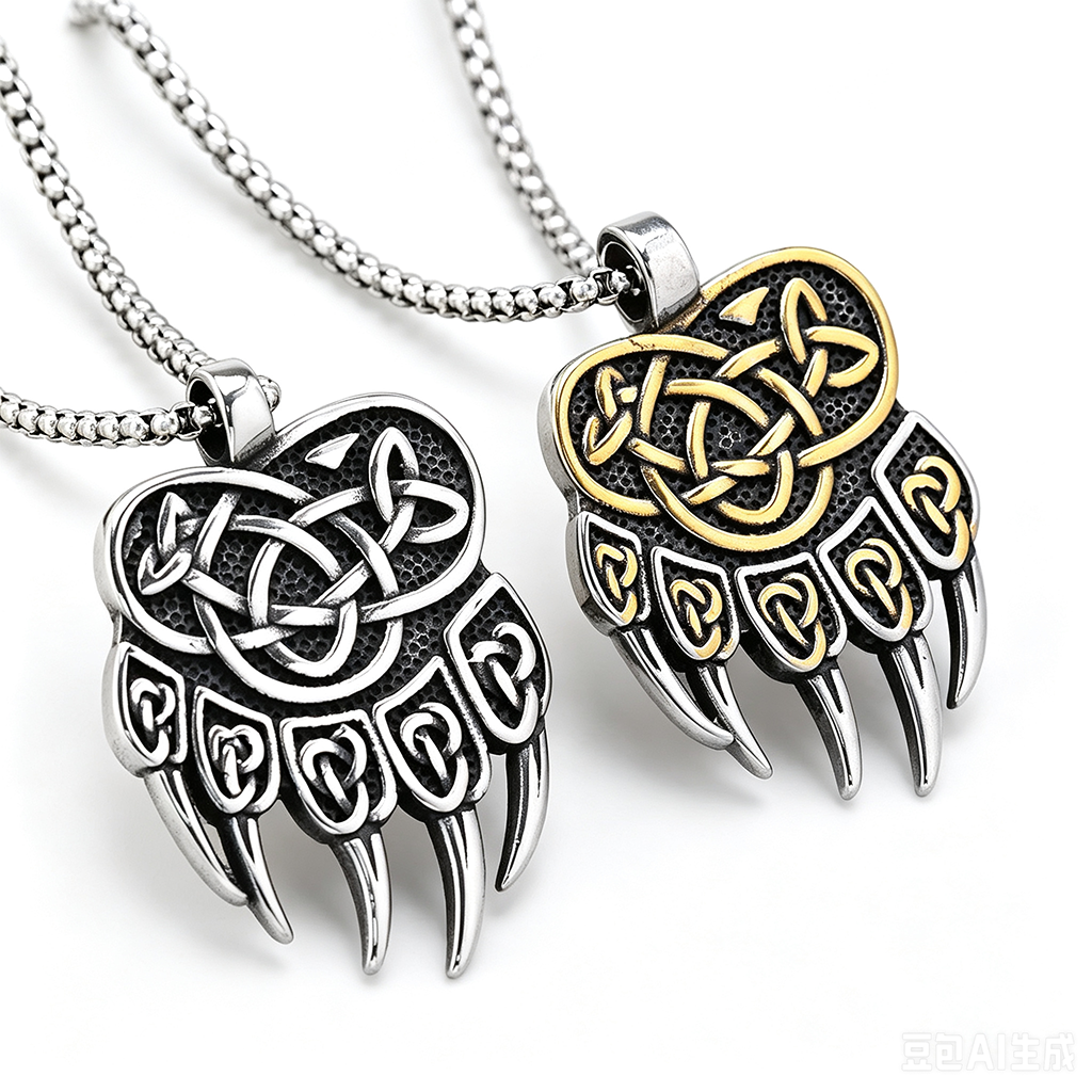 Vintage Men's Stainless Steel Viking Bear Claw Pendant Necklace
