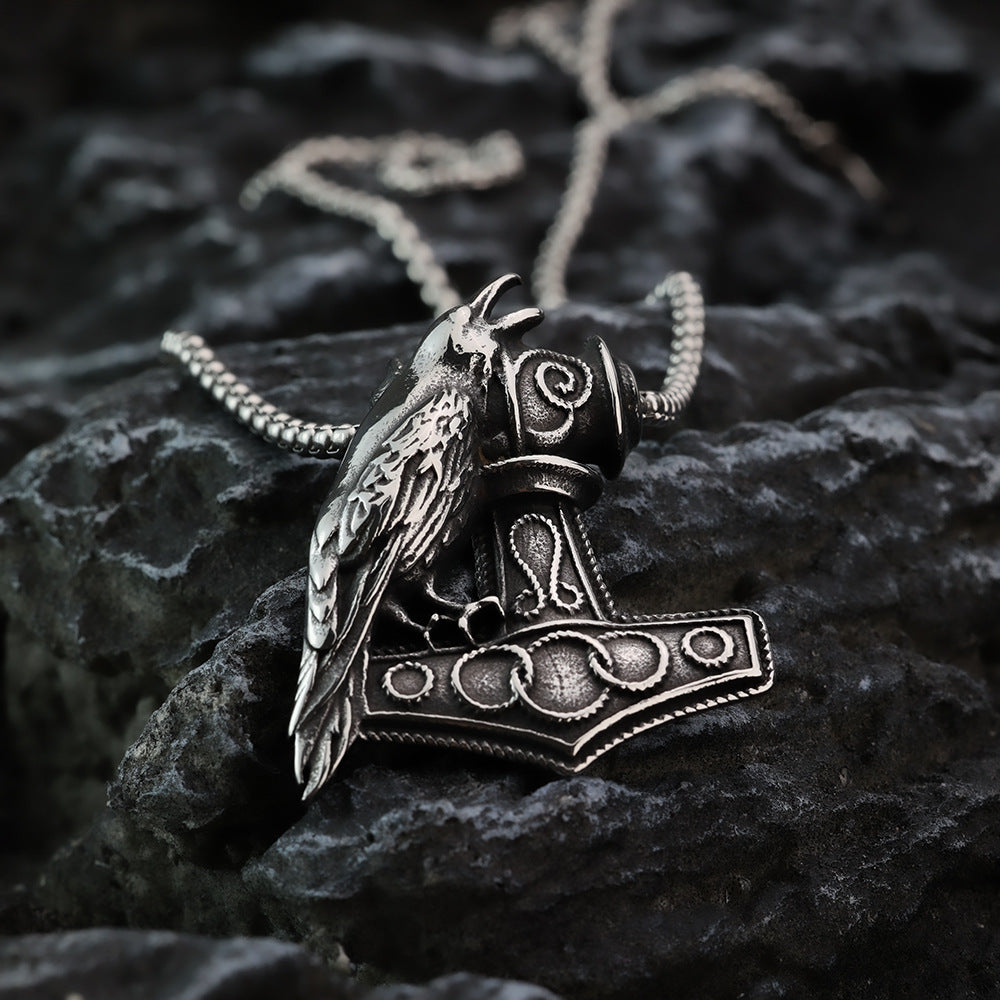 Vintage Stainless Steel Viking Raven and Anchor Combo Pendant Necklace for Men