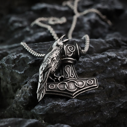 Vintage Stainless Steel Viking Raven and Anchor Combo Pendant Necklace for Men