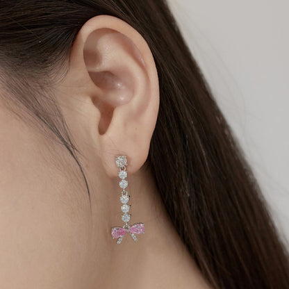 Women's Bow Dangle Earrings, Pink Zirconia Bow with Round Zirconia Chain, S925 with White Gold Plating