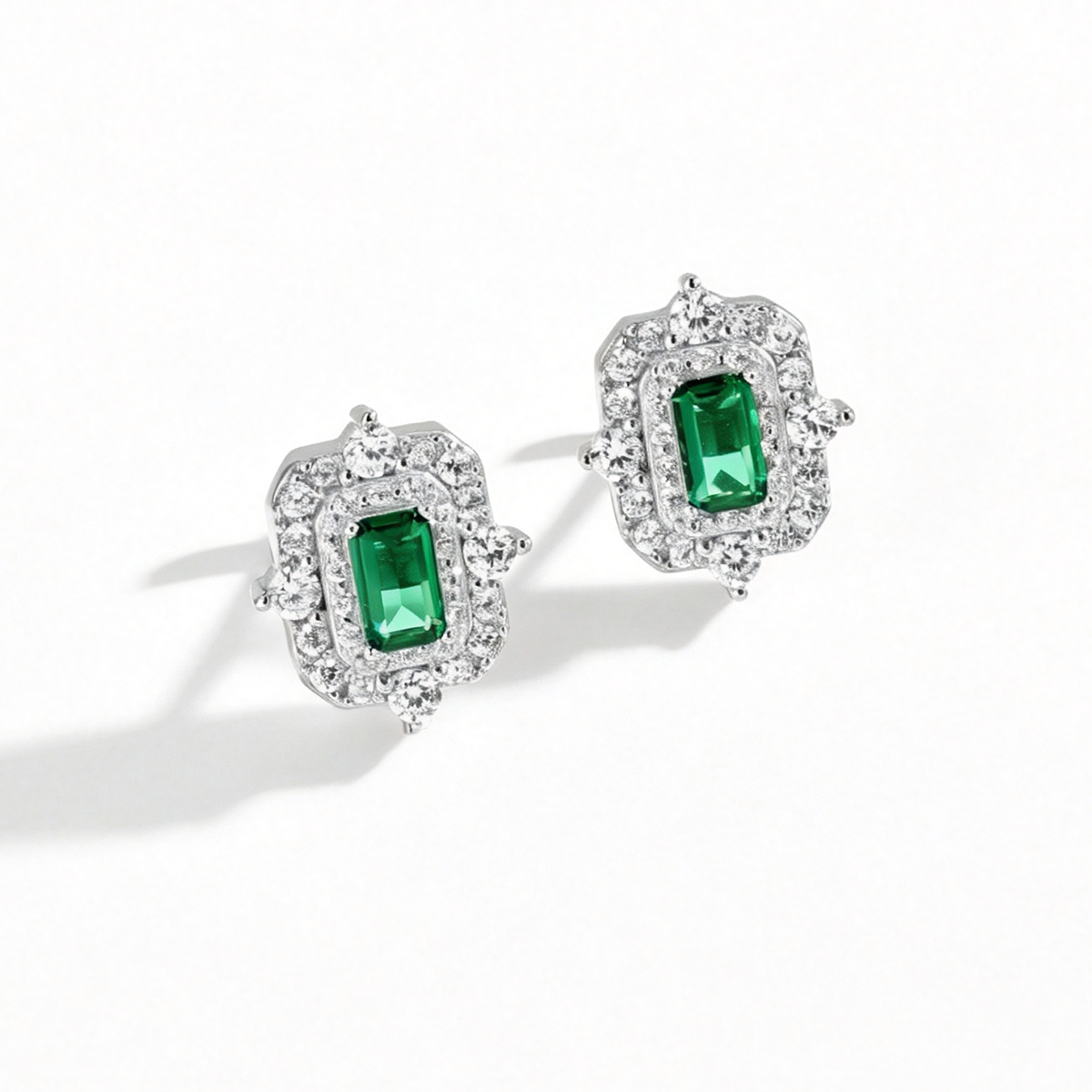 Women's Vintage Double Halo Stud Earrings, Rectangle Emerald Center Stone, S925 with White Gold Plating