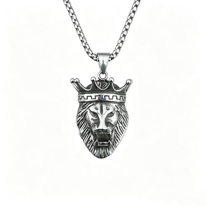 Men's Steel Crown Lion Head Vintage Animal Jewelry Pendant Necklace