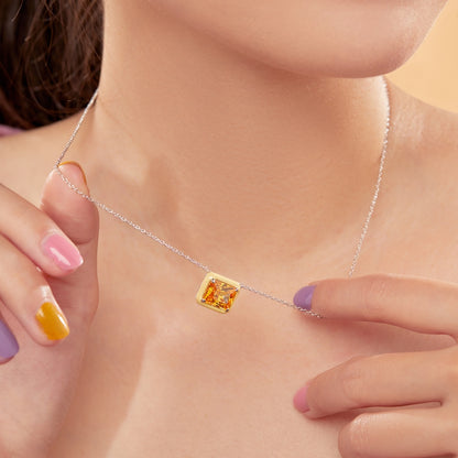 Women's Pendant Necklace, Rectangle Shape Yellow Sapphire Inlay Inside Yellow Epoxy, S925 with White Gold Plating