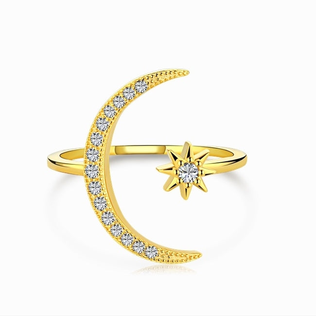 Women's S925 Golden Moon And Star Thin Stackable Adjustable Ring