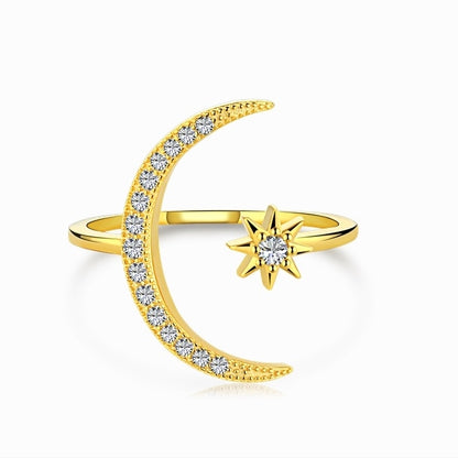 Women's S925 Golden Moon And Star Thin Stackable Adjustable Ring