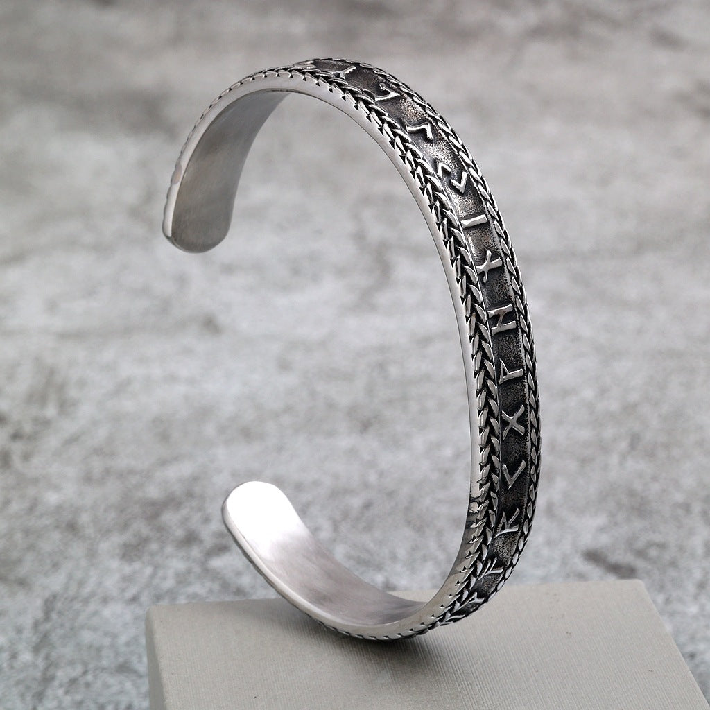 Nordic Retro Viking Runes Open C Bracelet for Men, Vintage Stainless Steel Cuff Bangle
