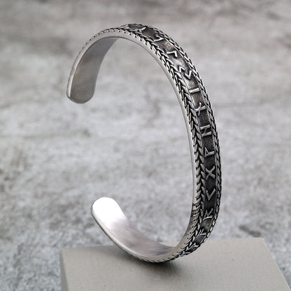 Nordic Retro Viking Runes Open C Bracelet for Men, Vintage Stainless Steel Cuff Bangle
