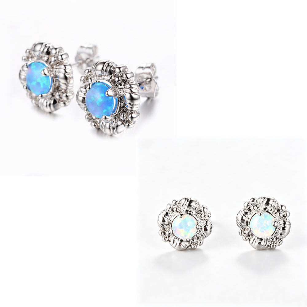 Women's Vintage Floral Cluster Round White / Blue Opal Stud Earrings, with White Gold Plating