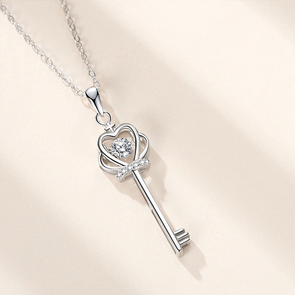 Women's White Gold Crown Key Shape Beating Heart Mossanite Pendant