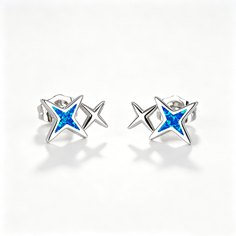 Women's Double‑Star Stud Earrings with Blue / White Opal, with White Gold / Rose Gold Plating