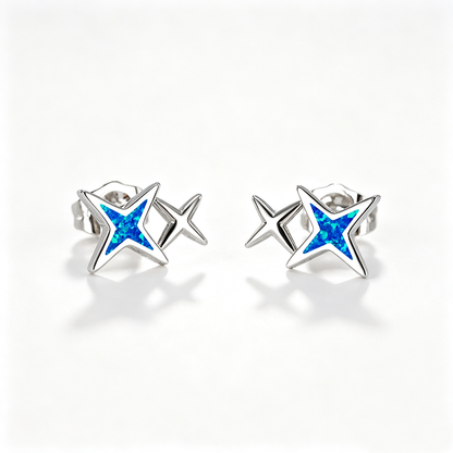 Women's Double‑Star Stud Earrings with Blue / White Opal, with White Gold / Rose Gold Plating