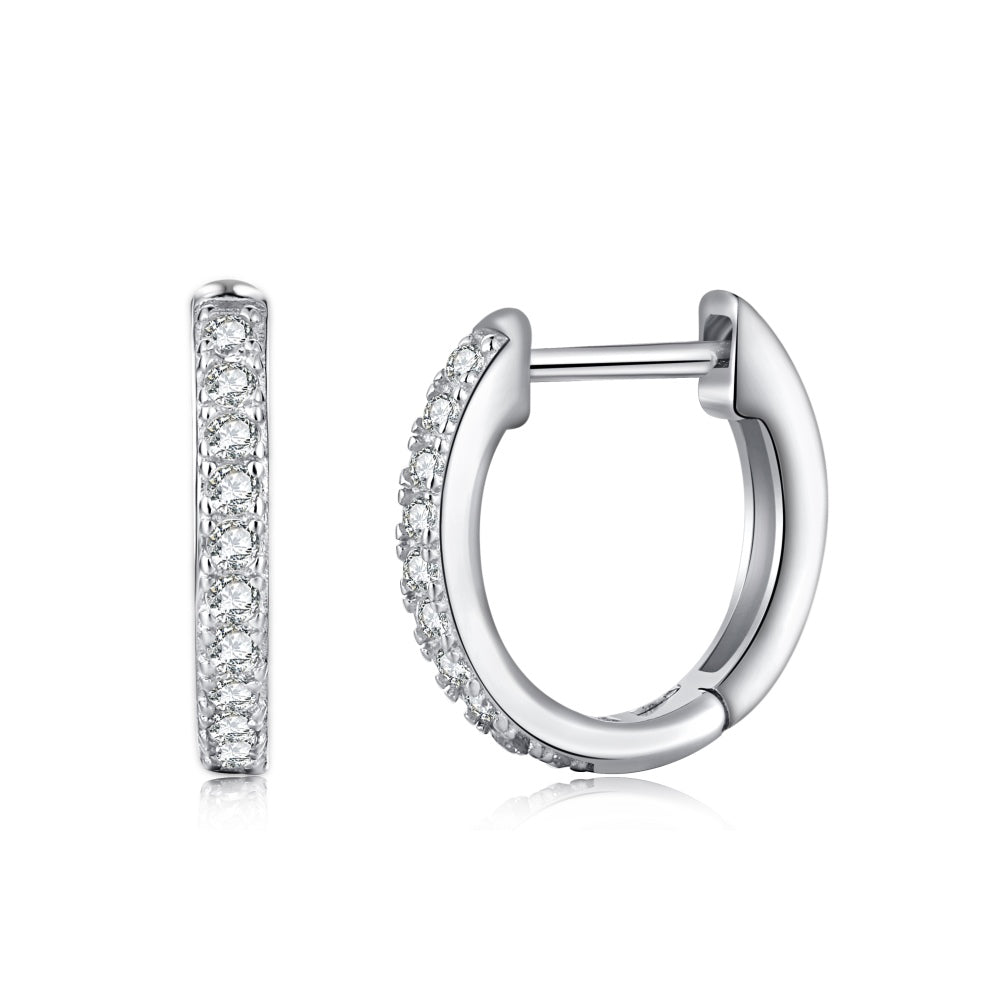 Women's Huggie Hoop Earrings, Half‑Pavé Round Zirconia, S925 with White Gold Plating