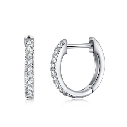 Women's Huggie Hoop Earrings, Half‑Pavé Round Zirconia, S925 with White Gold Plating