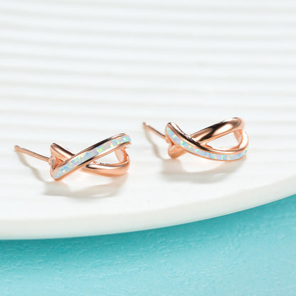 Women's Intertwined Cross‑Shape Stud Earrings, Blue Opal / White Opal Inlay, White Gold Plating / Rose Gold Plating