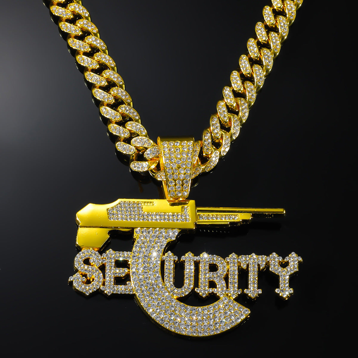 Hip-Hop Sniper Rifle Design SEURITY Letter Cuban Chain Pendant Necklace