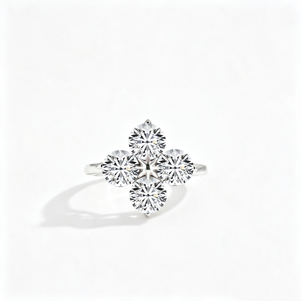 Women's S925 Silver White Gold Tone Ring, White Round Zircon Inlaid Four-Leaf Clover Eight-Pointed Star Ladies Fashion Ring