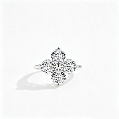 Women's S925 Silver White Gold Tone Ring, White Round Zircon Inlaid Four-Leaf Clover Eight-Pointed Star Ladies Fashion Ring