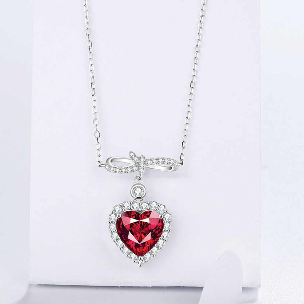 Women's Bow-knot Heart Ruby Gem Pendant with Worldwide Setting Full Diamond