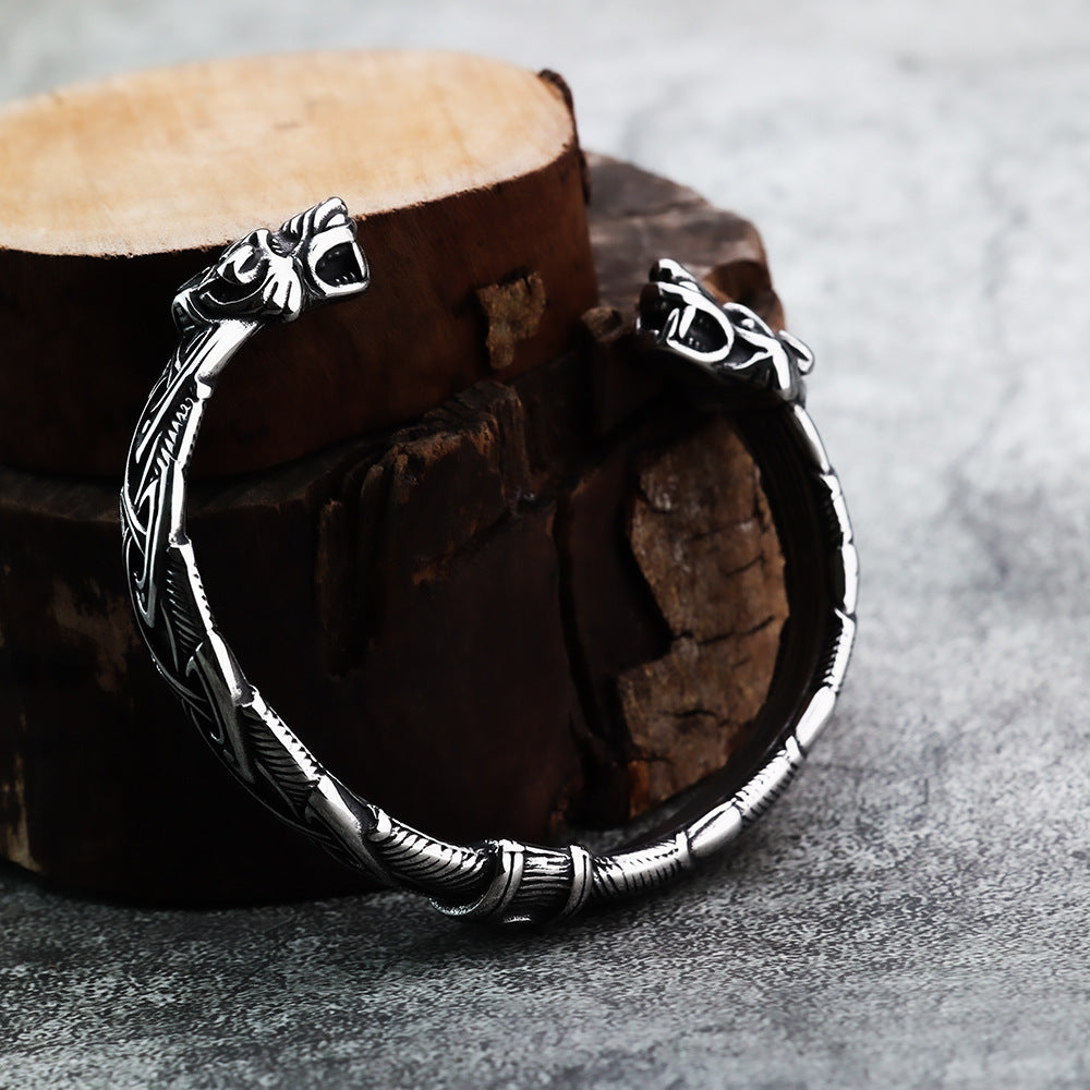 Viking Double Wolf Head Open C Bracelet for Men, Nordic Pirate Vintage Stainless Steel Cuff Bangle