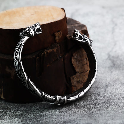 Viking Double Wolf Head Open C Bracelet for Men, Nordic Pirate Vintage Stainless Steel Cuff Bangle