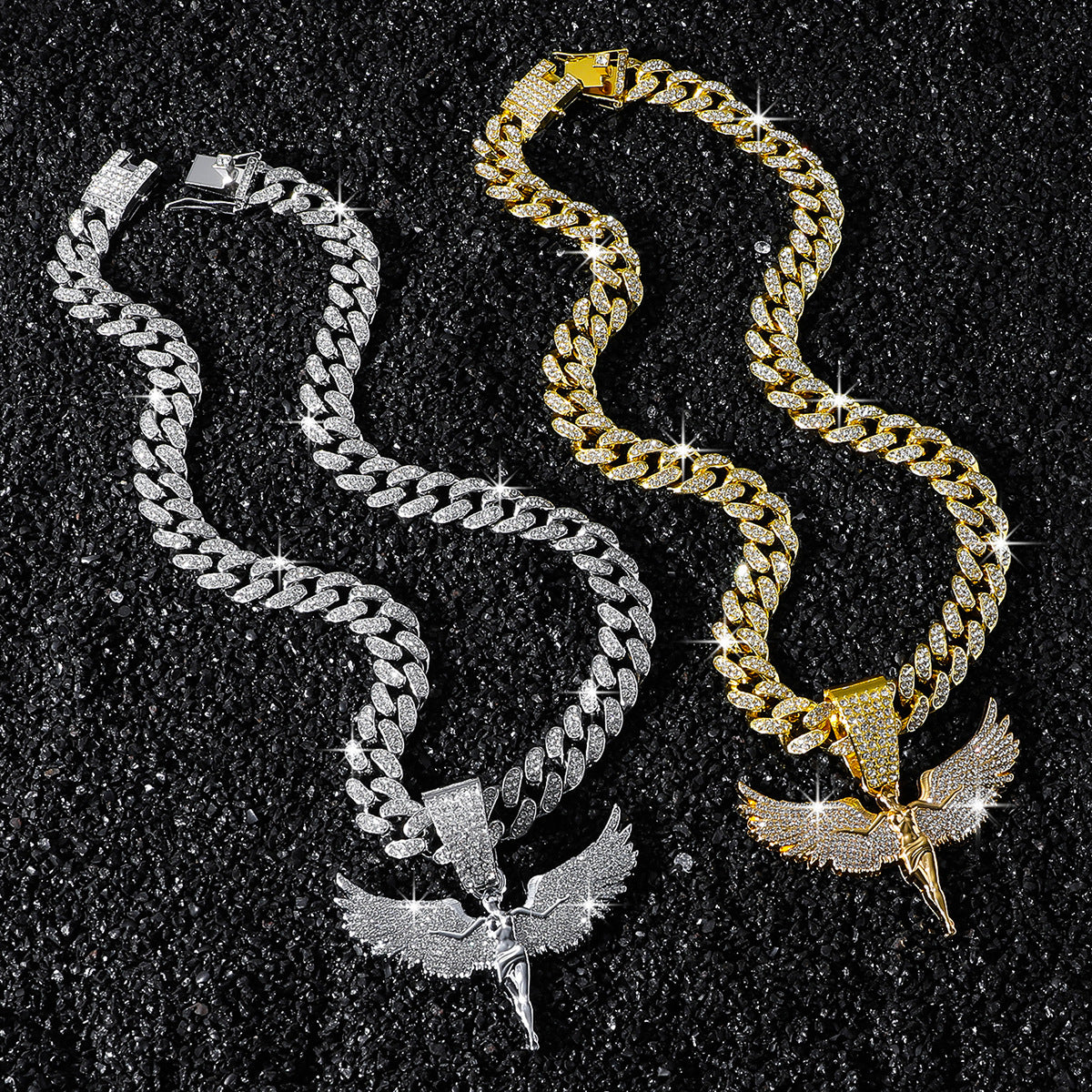 Hip-Hop Angel Wings Cuban Chain Pendant Necklace