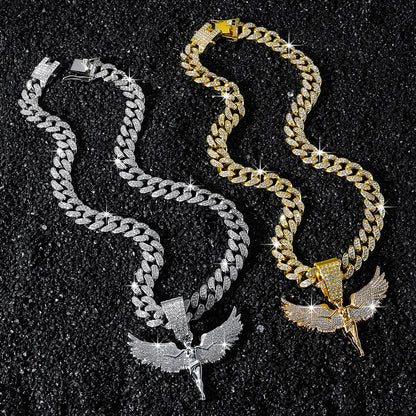 Hip-Hop Angel Wings Cuban Chain Pendant Necklace