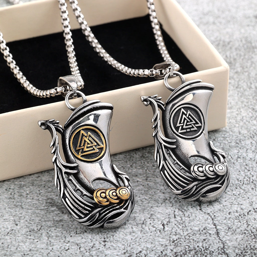 Men's Vintage Stainless Steel Single Sided Viking Sailboat Pendant Necklace