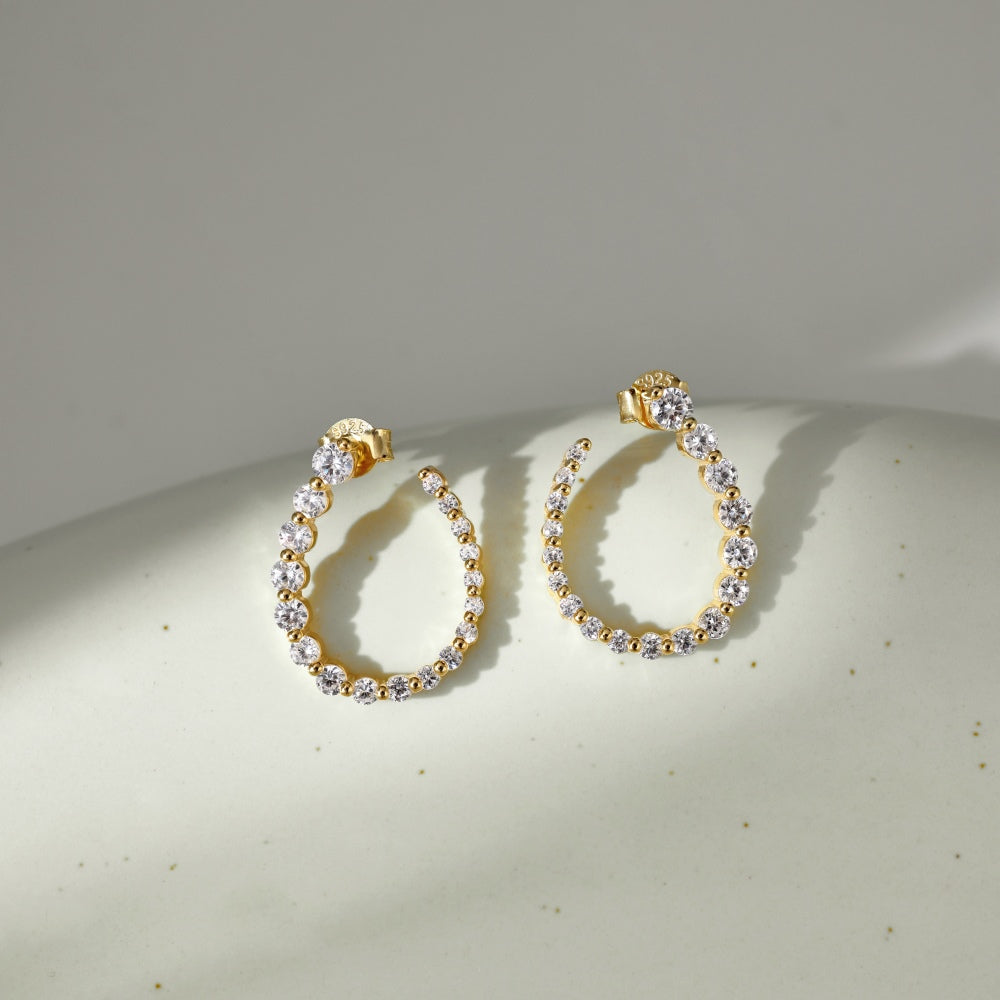 Women's U‑Shape Hoop Earrings, Paved Arranged Round Zirconia, S925 with 18K Gold Plating