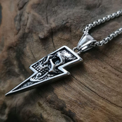 Men's Vintage Lightning Bolt And Skull Pendant Necklace