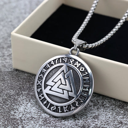 Men's Steel Viking Valknut Rune Round Tag Pendant Necklace