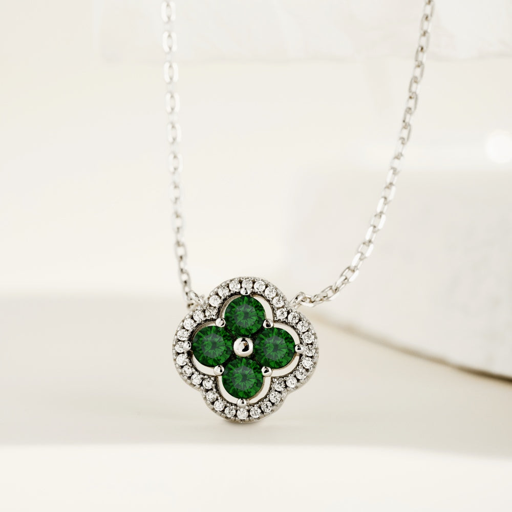 Niche Exquisite S925 Sterling Silver Four-Leaf Clover Necklace, Inlaid Green & White Round Zirconia Floral Fashion Pendant