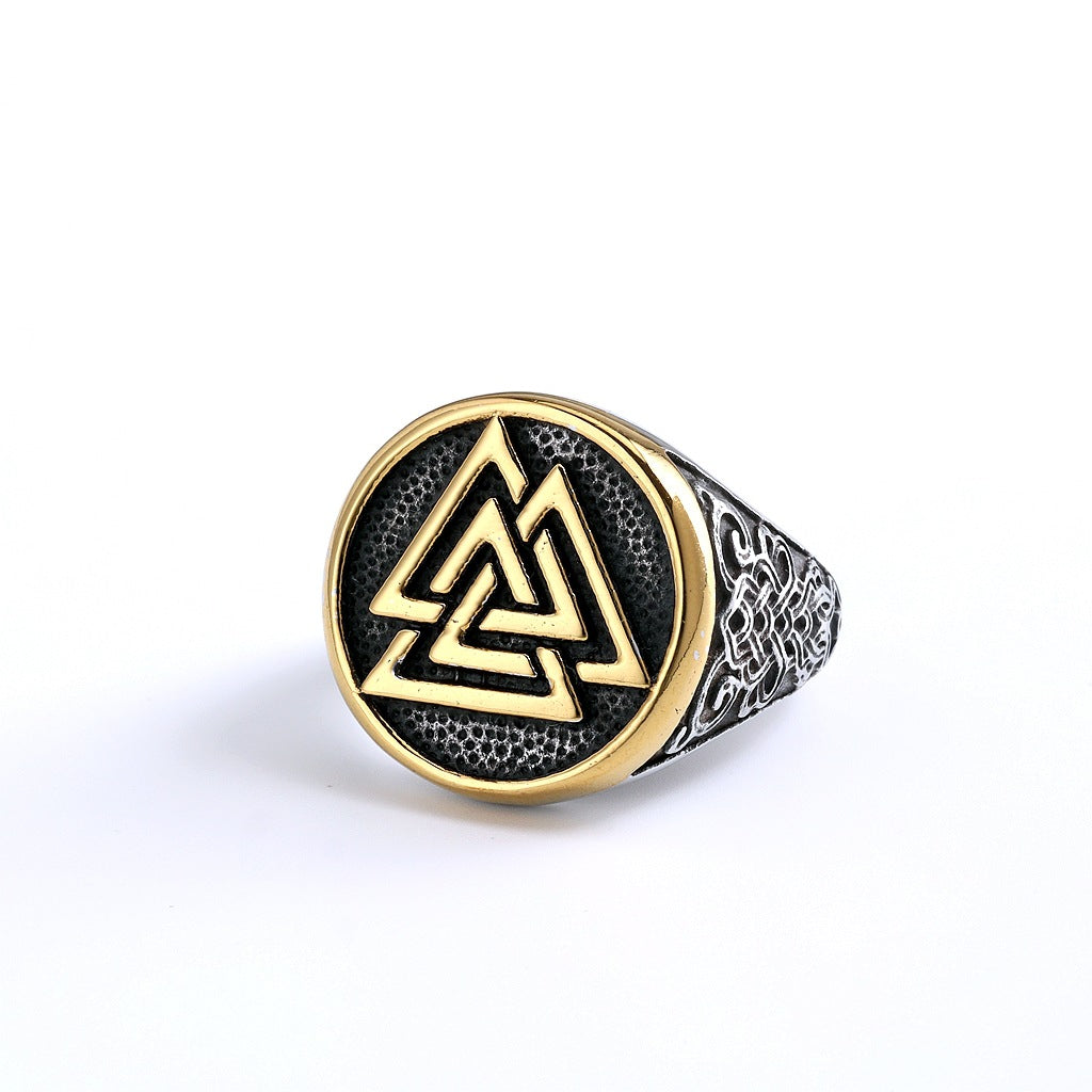 Vintage Stainless Steel Round Viking Triangle Symbol Engraved Ring for Men