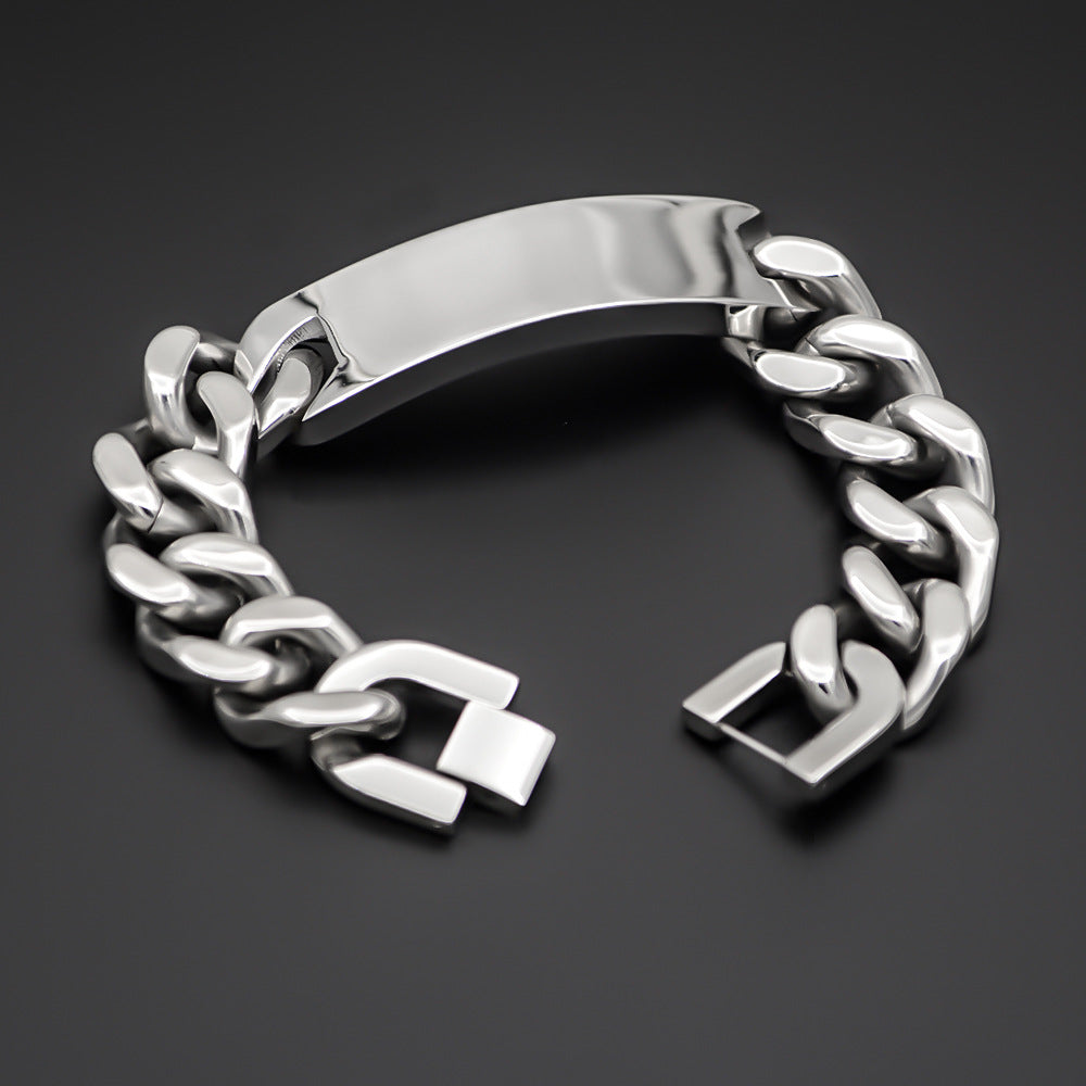 Men’s Silver Tone Stainless Steel Curb Chain Bracelet with Curved Tag Fashion Wrist Jewelry