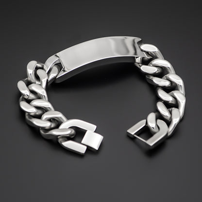 Men’s Silver Tone Stainless Steel Curb Chain Bracelet with Curved Tag Fashion Wrist Jewelry
