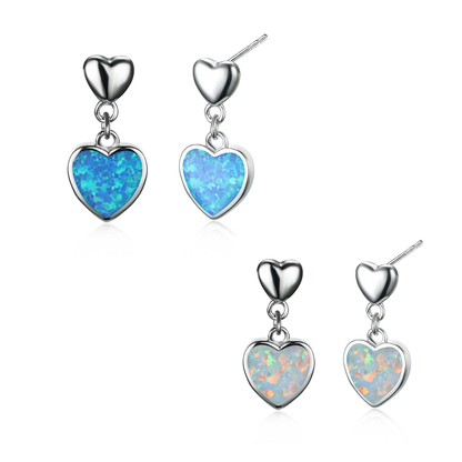 Women's Double Heart Blue & White Opal Drop Stud Earrings, White Gold Plating