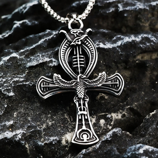 Vintage Stainless Steel Double-sided Egyptian Ankh Cross Pendant Necklace for Men