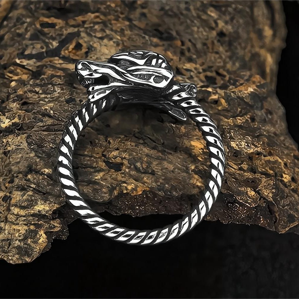 Vintage Solid Stainless Steel Twisted Band Norse Double Dragon Head Ring for Men