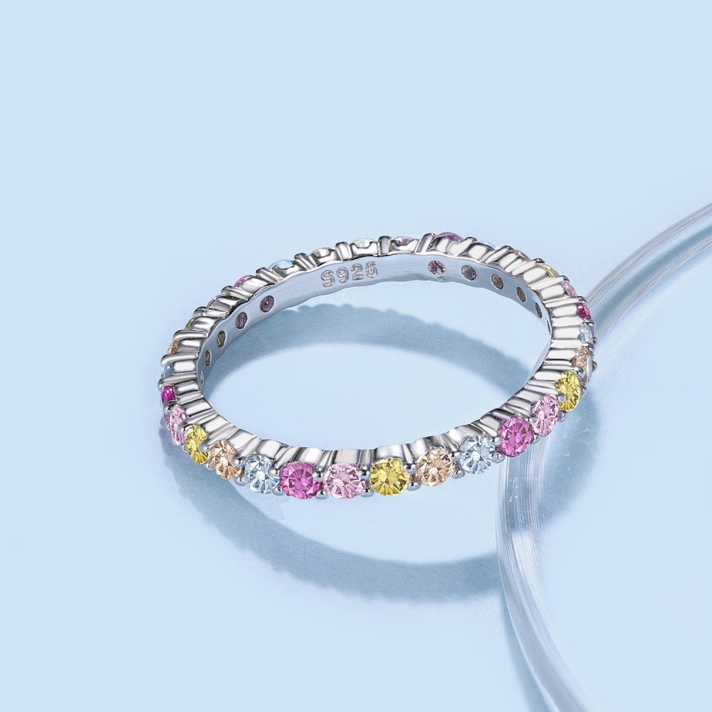 Women's Multicolor Round Zirconia Paved Stackable Narrow Band Ladies Ring, S925 with White Gold Plating