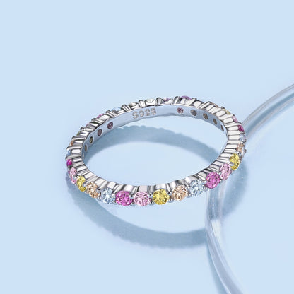 Women's Multicolor Round Zirconia Paved Stackable Narrow Band Ladies Ring, S925 with White Gold Plating